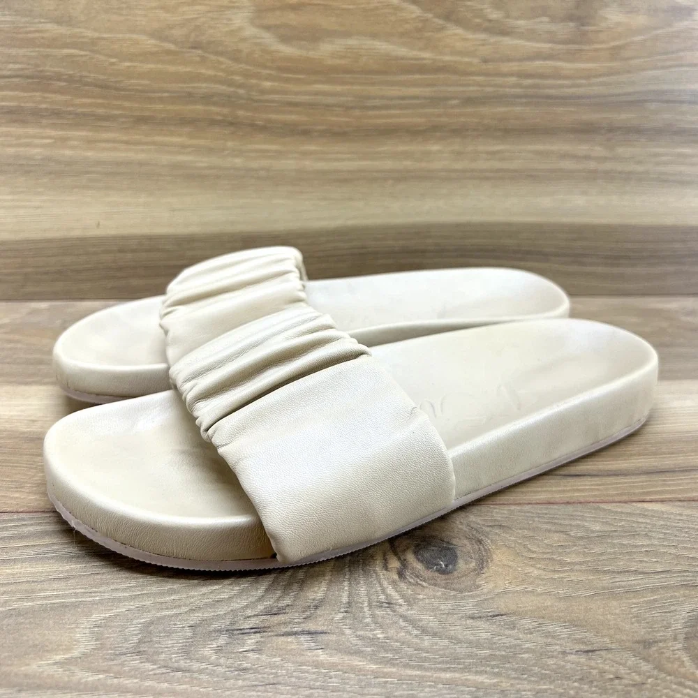J Crew Slide Sandals‎ 6.5 Tan Pleated Ruched Soft Leather Flats